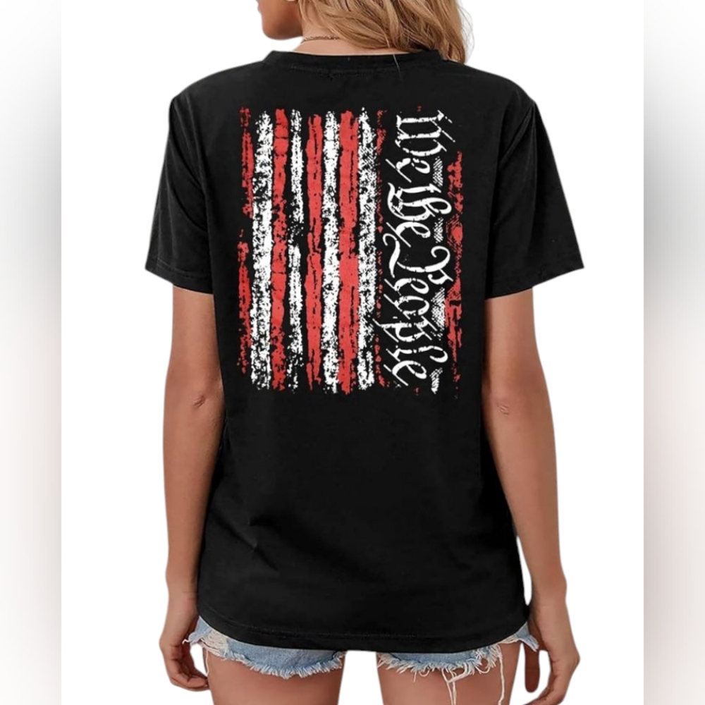 🆕 Women's Black Patriotic We The People Screen Print T-shirt